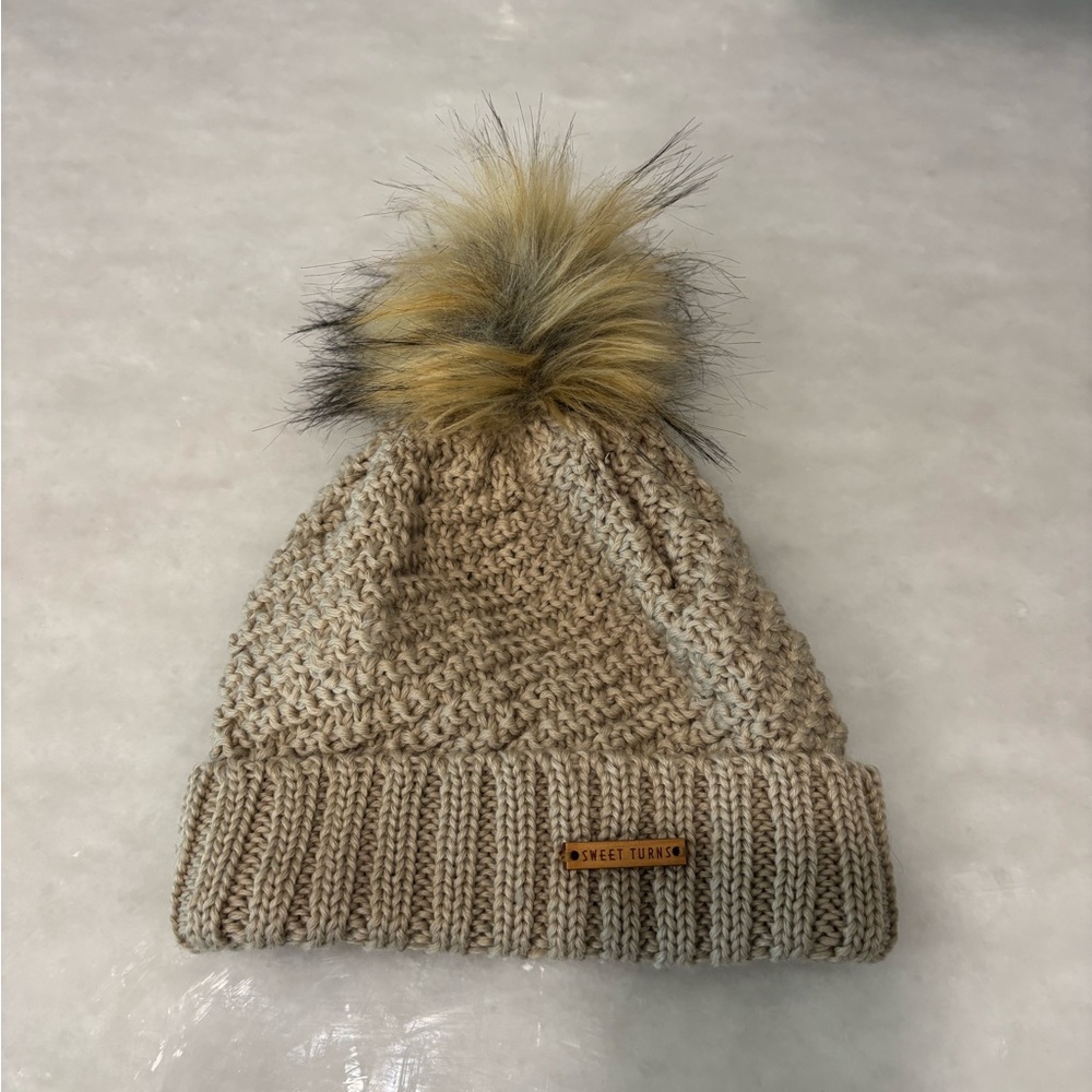 Sweet Turns Beige Knit Beanie with Pom Pom